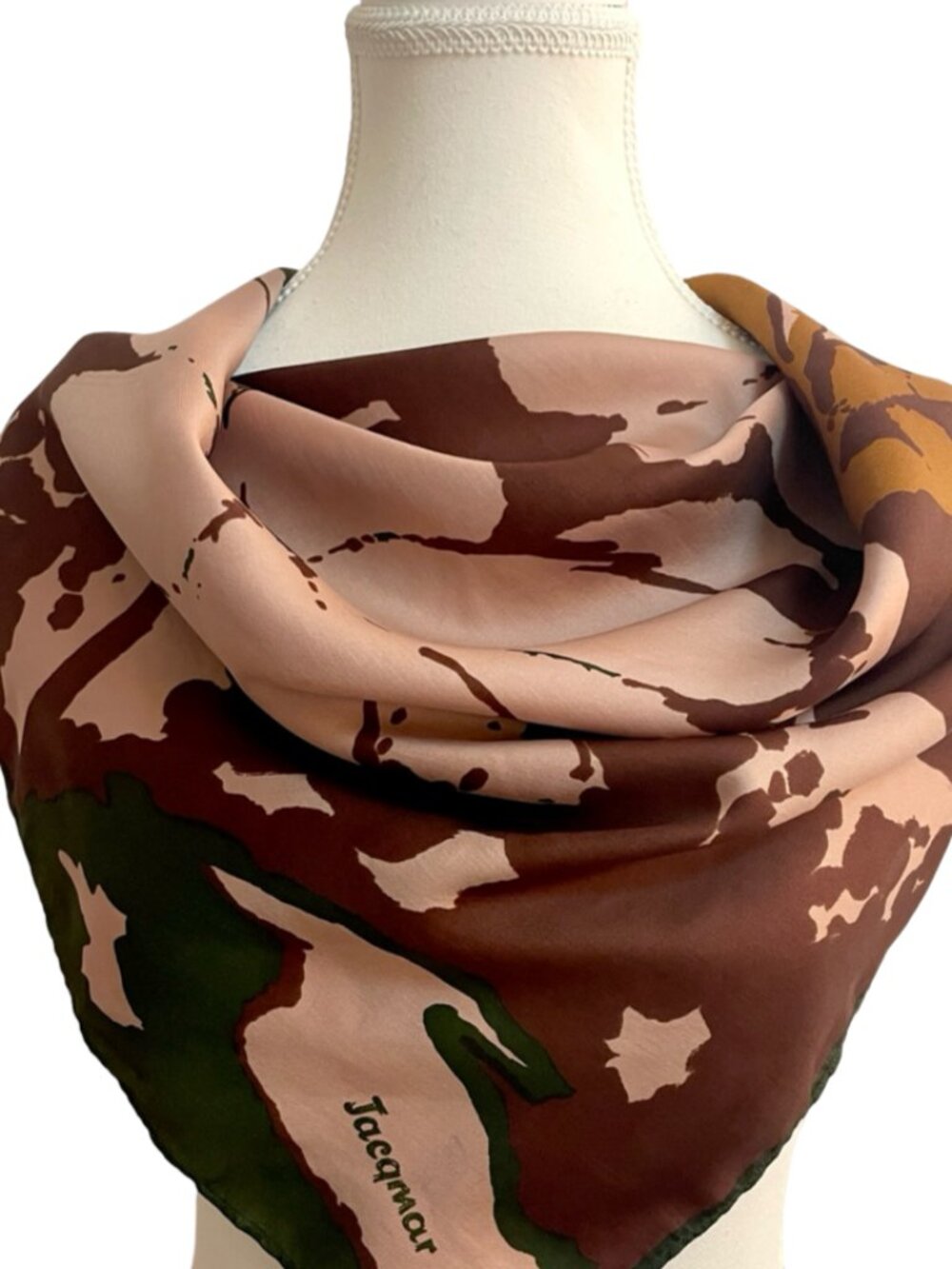 Jacqmar Floral Scarf 29 x 29 Silky Feel Brown Green Mustard